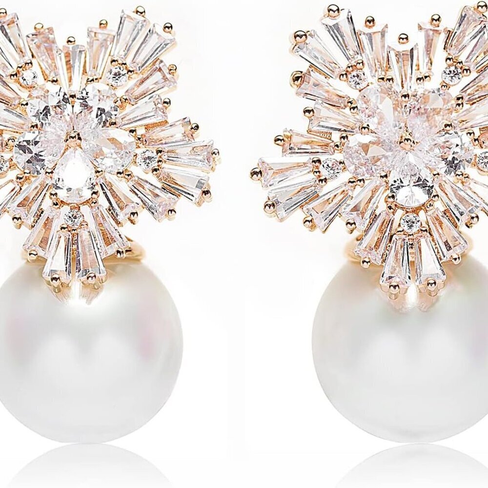 Women's Snowflake Earrings Pearl Studs Gold Alloy Wedding Party Jewelry